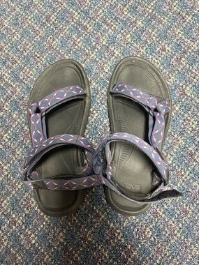 Preloved Teva Black Sandals with Purple and Pink patterned straps